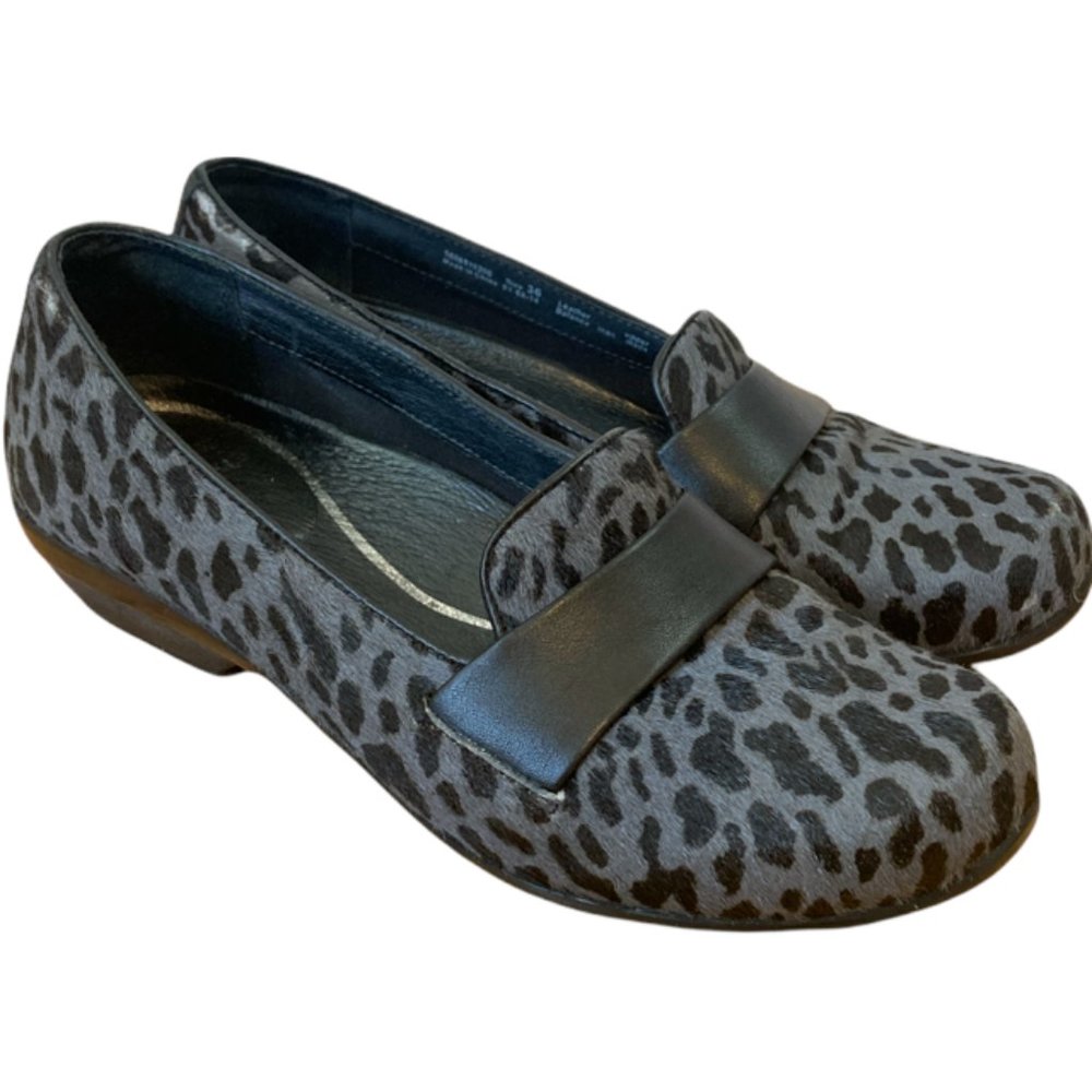 Dansko grey cheetah print oksana calf hair flats